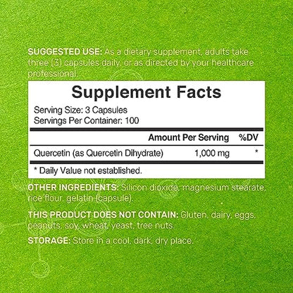 High bioavailability quercetin dihydrate 300 capsules dietary supplement label
