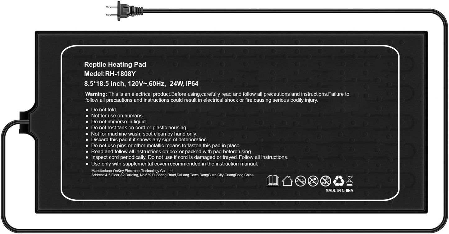 COSYTOUR reptile heat pad 18x8 inch front view showing the heating element grid and power cord connection.
