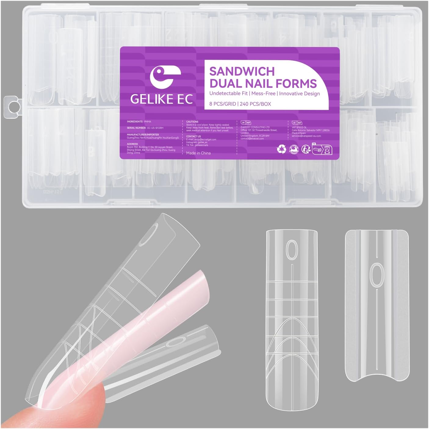 Gelike EC Sandwich Nail Forms for Builder Gel: 2026 New Dual Nail Form No Gel Stacking Warping or Bubbles for Home Extensions Art - 240Pcs 15 Sizes Top & Bottom Molds - Long Square - Image 1