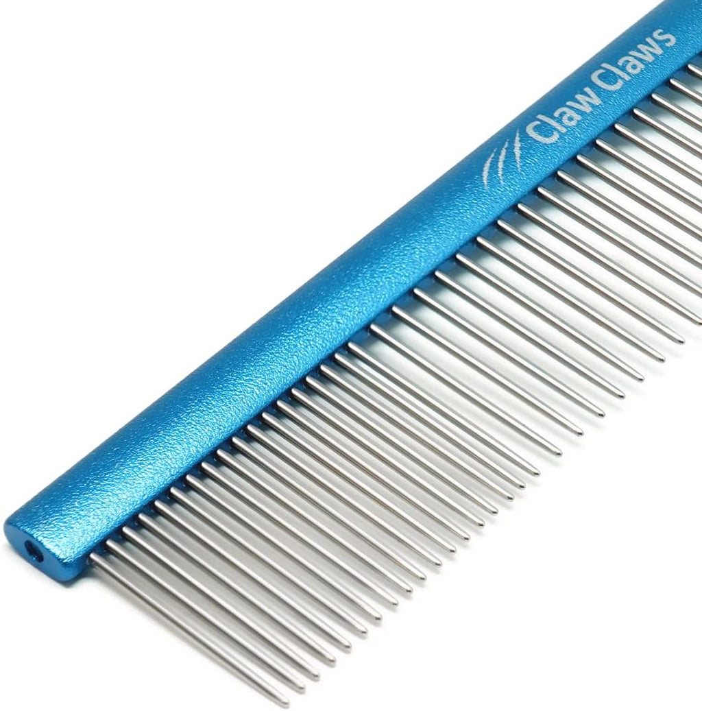 Claw Claws Greyhound Pet Aluminum Comb front view showing blue oval handle and stainless steel pins