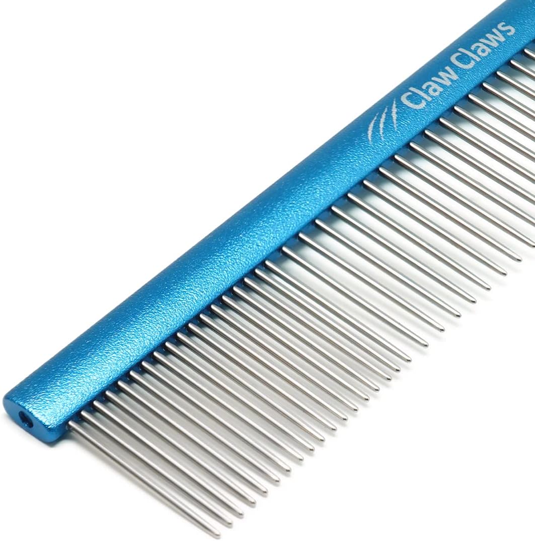 Claw Claws Greyhound Pet Aluminum Comb front view showing blue oval handle and stainless steel pins