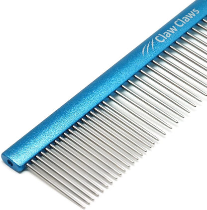 Claw Claws Greyhound Pet Aluminum Comb front view showing blue oval handle and stainless steel pins