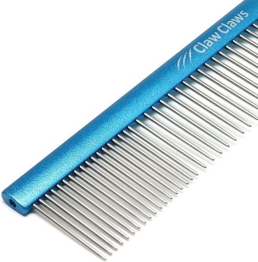 Claw Claws Greyhound Pet Aluminum Comb front view showing blue oval handle and stainless steel pins