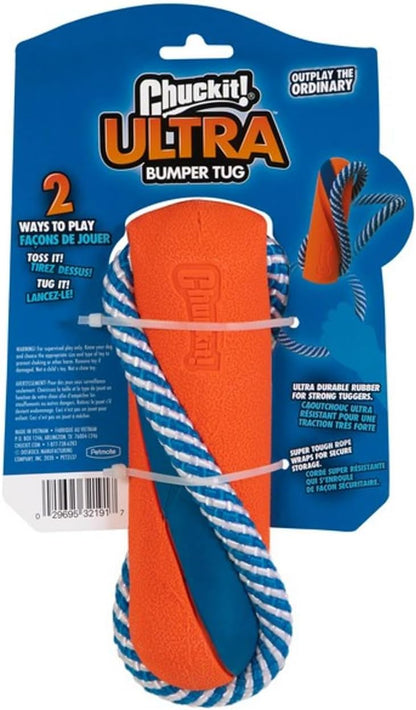 Chuckit! Ultra Bumper Tug medium interactive pet toy showing the rope wrapped neatly inside the integrated storage slot.