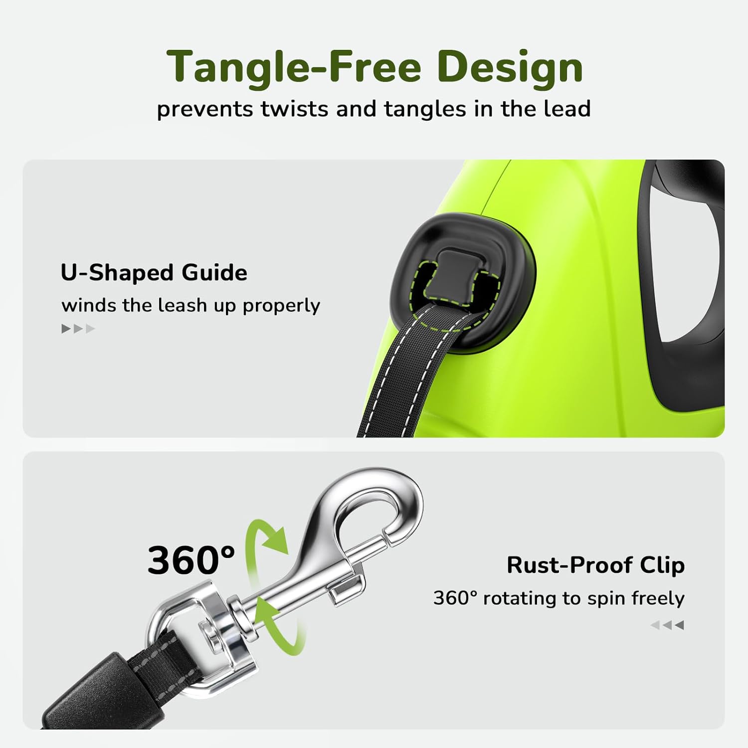360 degree tangle free hook detail on Pecute leash