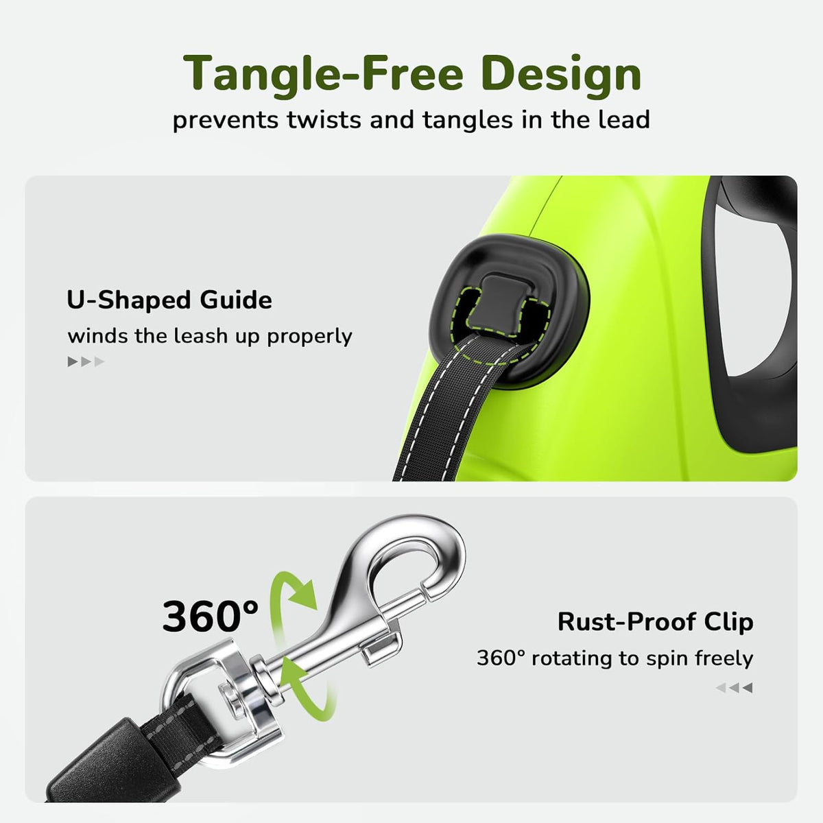 360 degree tangle free hook detail on Pecute leash
