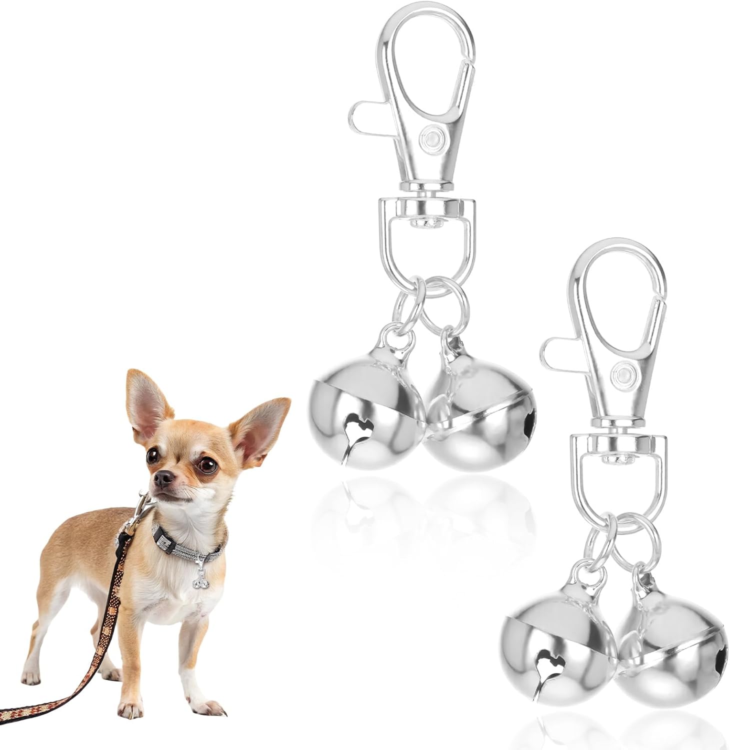 JJUNW silver mini pet collar bells hanging on a pet collar.