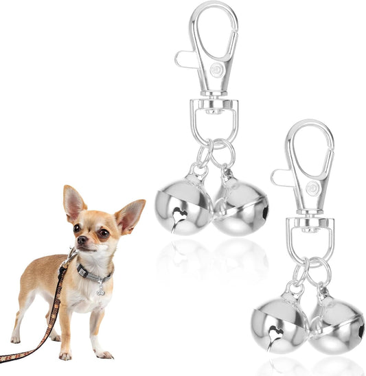 JJUNW silver mini pet collar bells hanging on a pet collar.