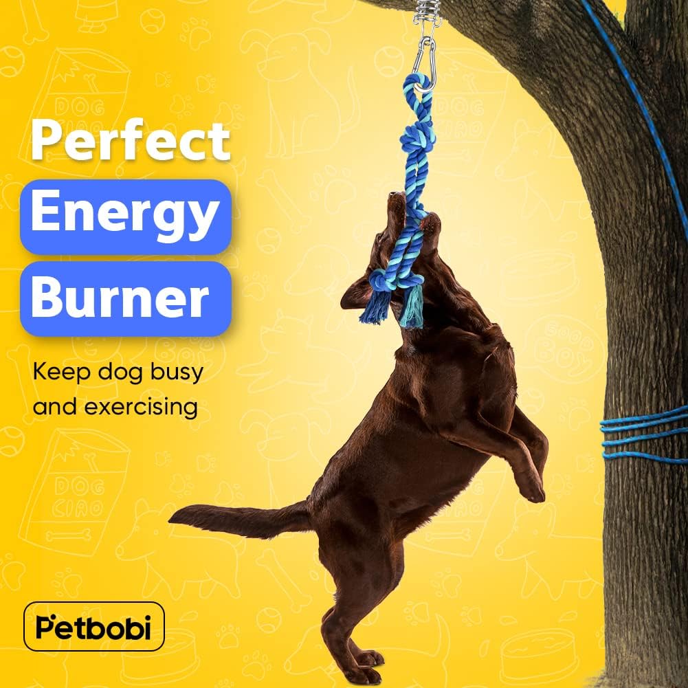 Petbobi hanging bungee dog toy close-up of the durable 16 feet nylon rope and stainless steel spring coil.