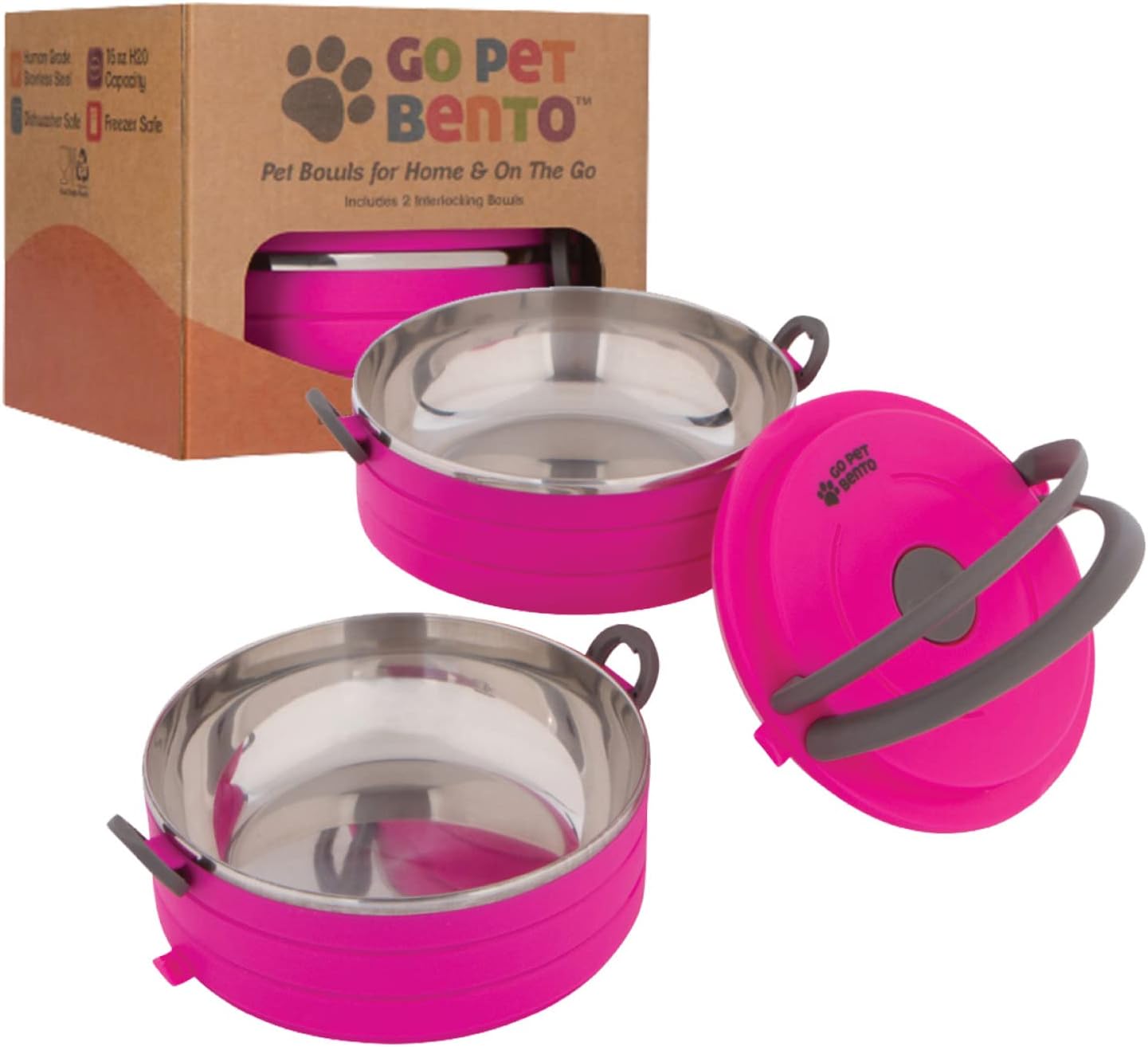 Healthy Human Travel Pet Bento Bowls - Leak Proof, Human-Grade Stainless Steel & BPA-Free, 3-Pack Water & Food Container Set, Clips & Handle (Pink) - Image 10