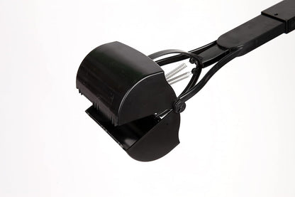 Ergonomic thirty two inch long handle dog scooper for back pain relief during cleanups.