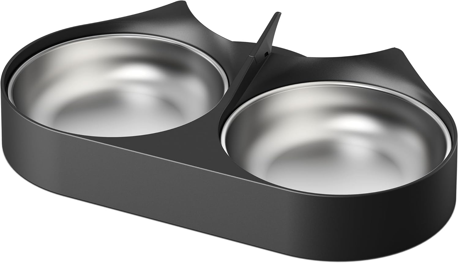PETLIBRO Pet Food Splitter front view showing dual stainless steel bowls attached to black plastic holder tray.