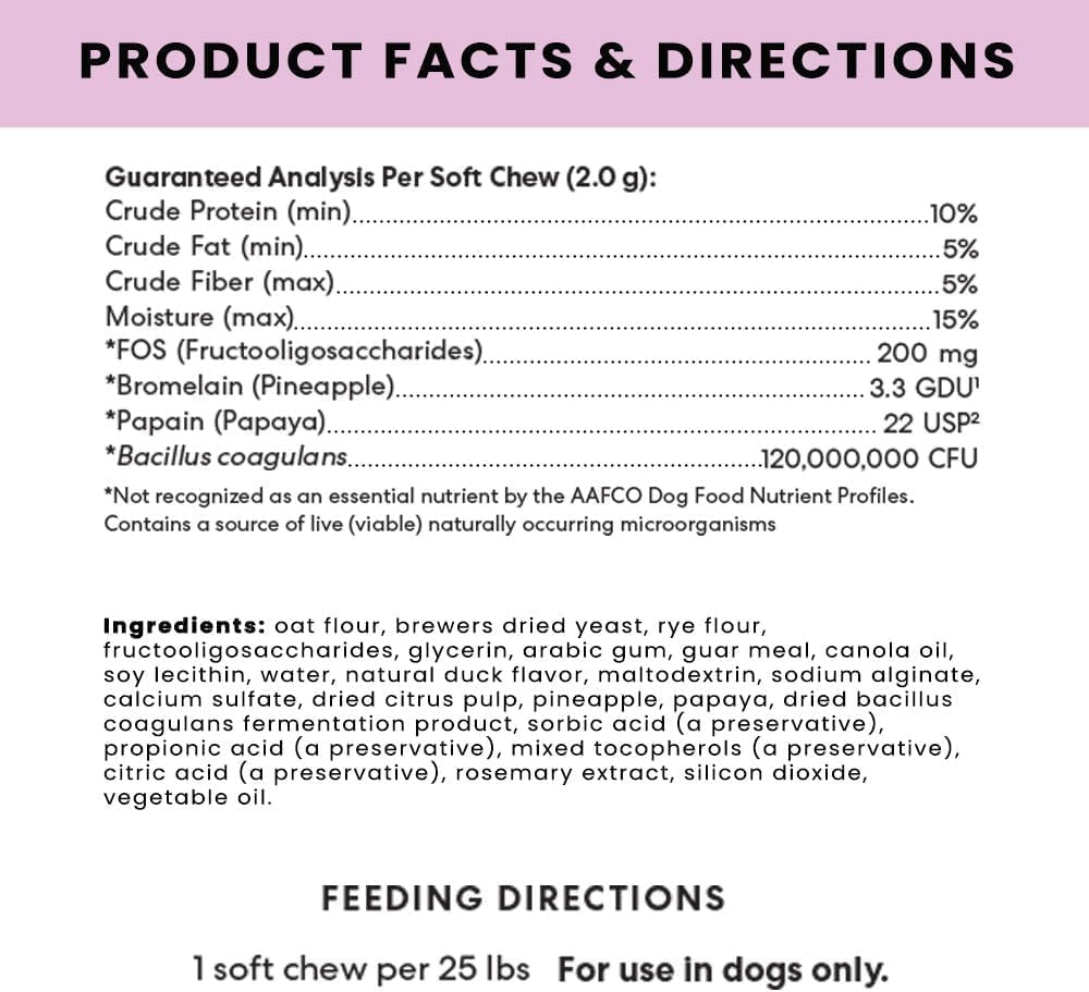 The Pets Table premium canine digestion supplements side panel nutritional facts