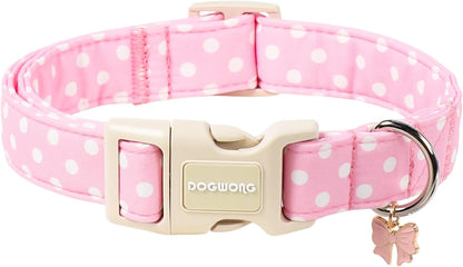 DOGWONG pink polka dot dog collar with bow charm front view