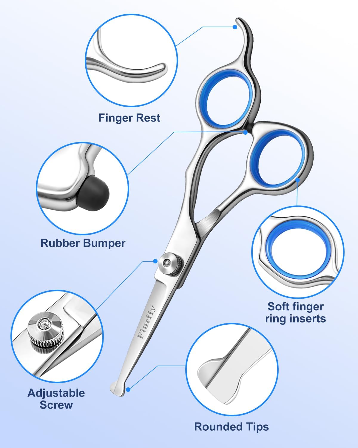 Fiurfiy curved grooming scissors showing the safety rounded tips for secure styling around pet faces and paws