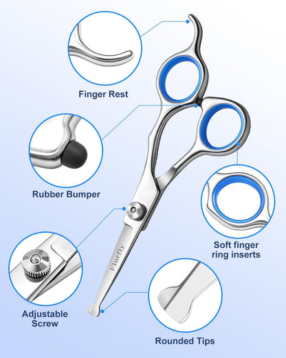 Fiurfiy curved grooming scissors showing the safety rounded tips for secure styling around pet faces and paws