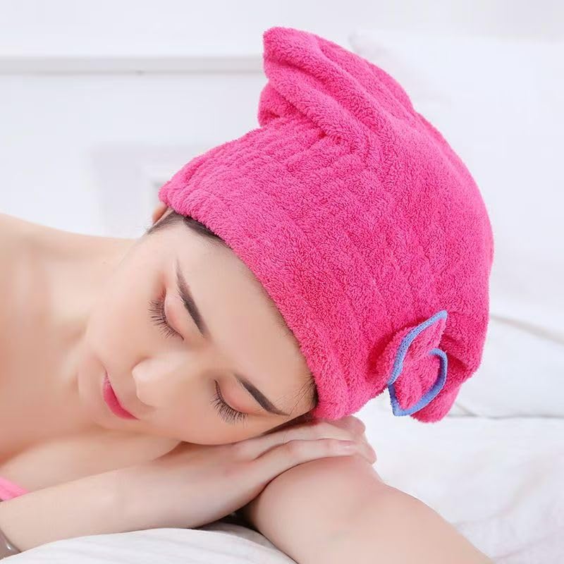 Adult model wearing the pink butterfly bow hair drying wrap after a shower.