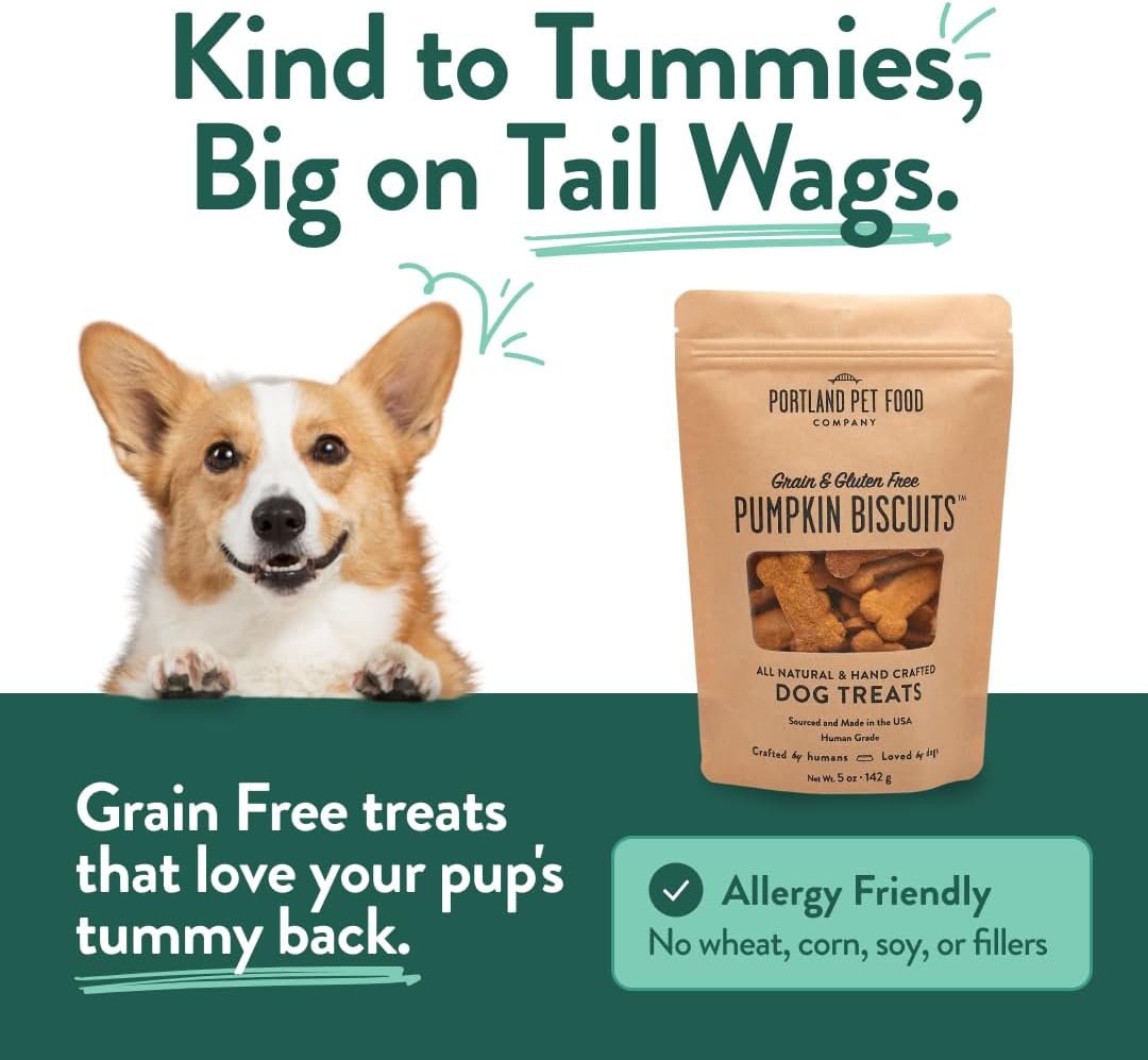 Back label of Portland Pet Food Company biscuit pouch displaying clean five ingredient list.