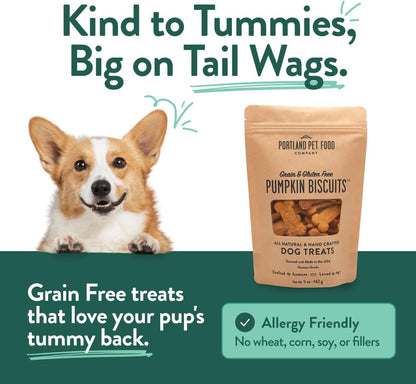 Back label of Portland Pet Food Company biscuit pouch displaying clean five ingredient list.
