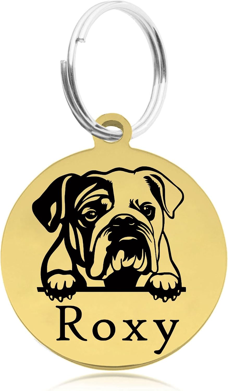 Durable silver round dog name tag suitable for large pet breeds.