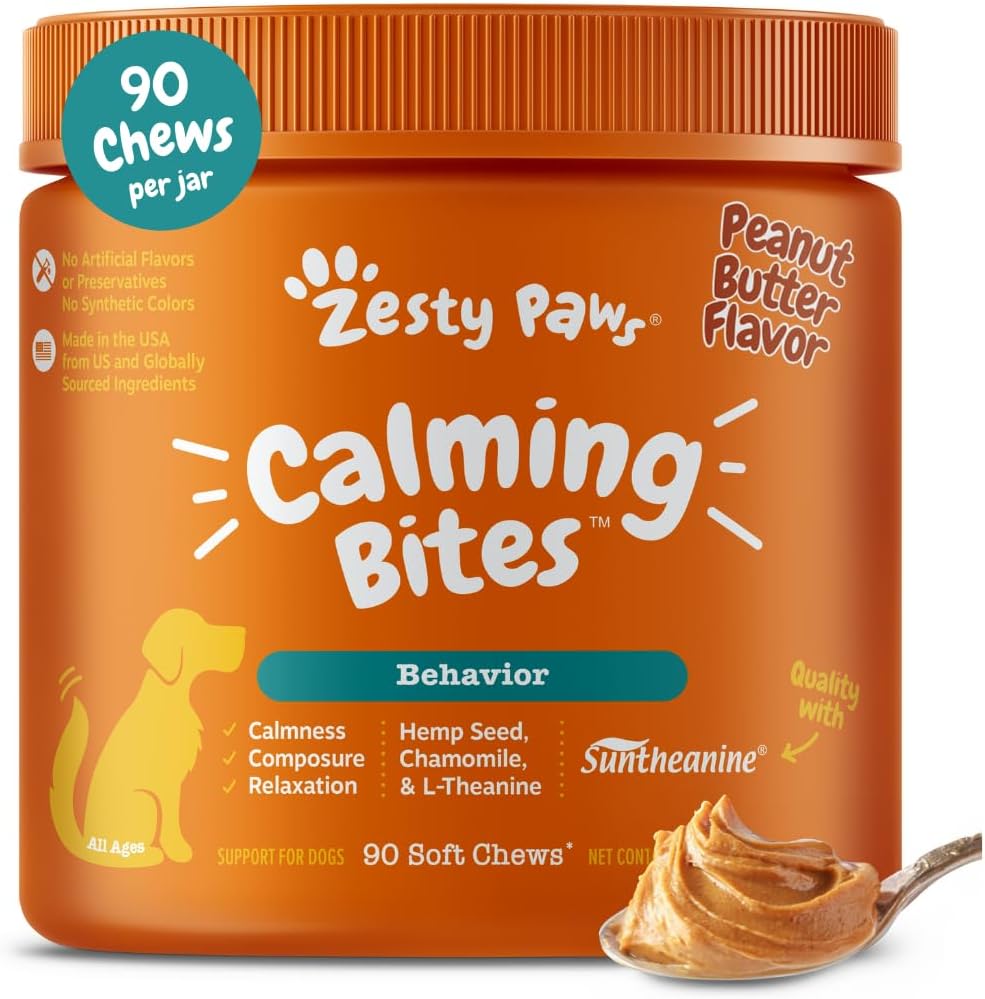 Zesty Paws Calming Chews for Dogs front view jar for anxiety relief