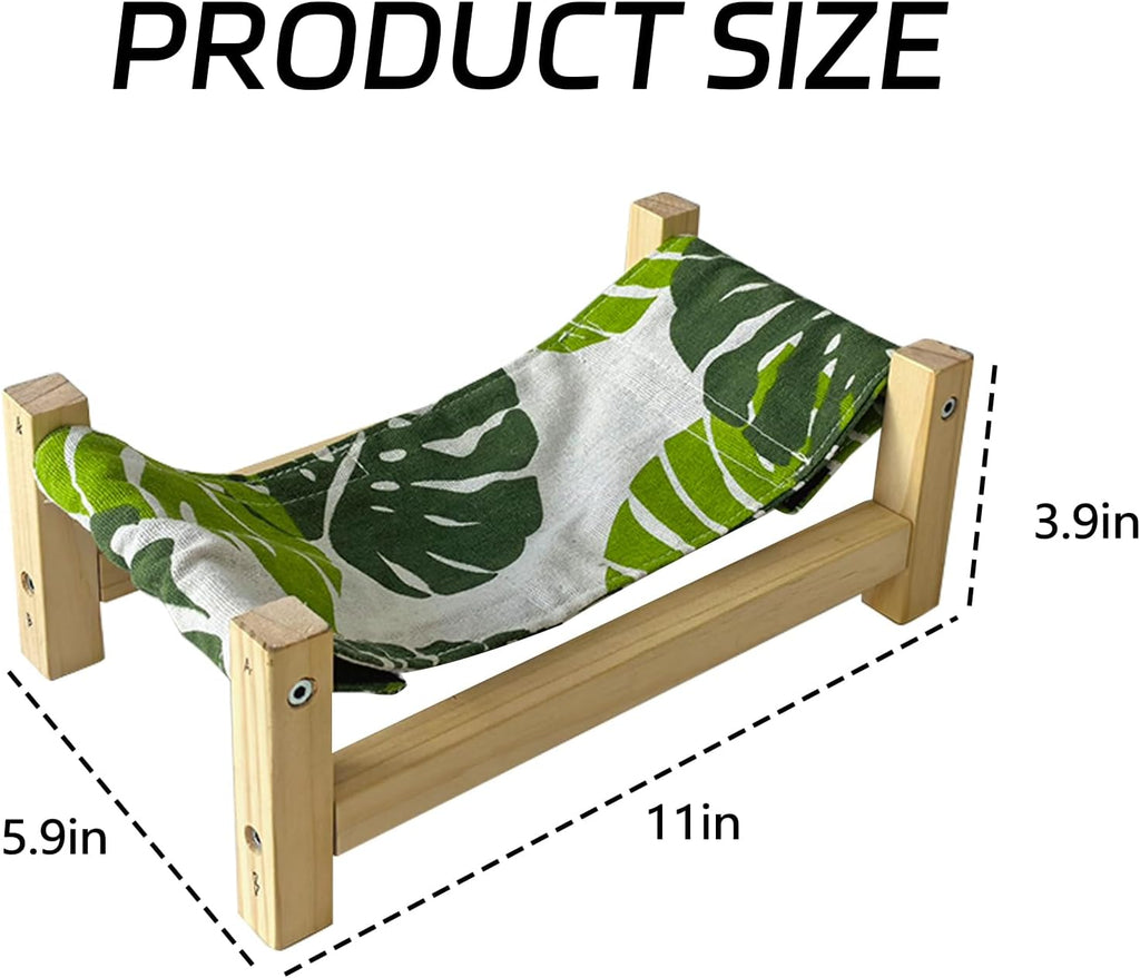 Detachable tropical leaf canvas sling on natural wood lizard bed frame