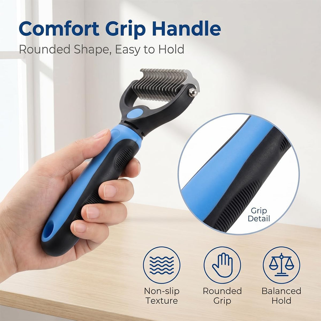 Pet deshedding brush showing the seventeen-tooth side for thinning dense pet fur.