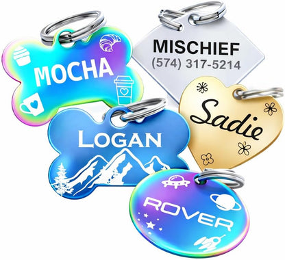Dr. Fremont's custom pet ID tag front view in rainbow stainless steel bone shape