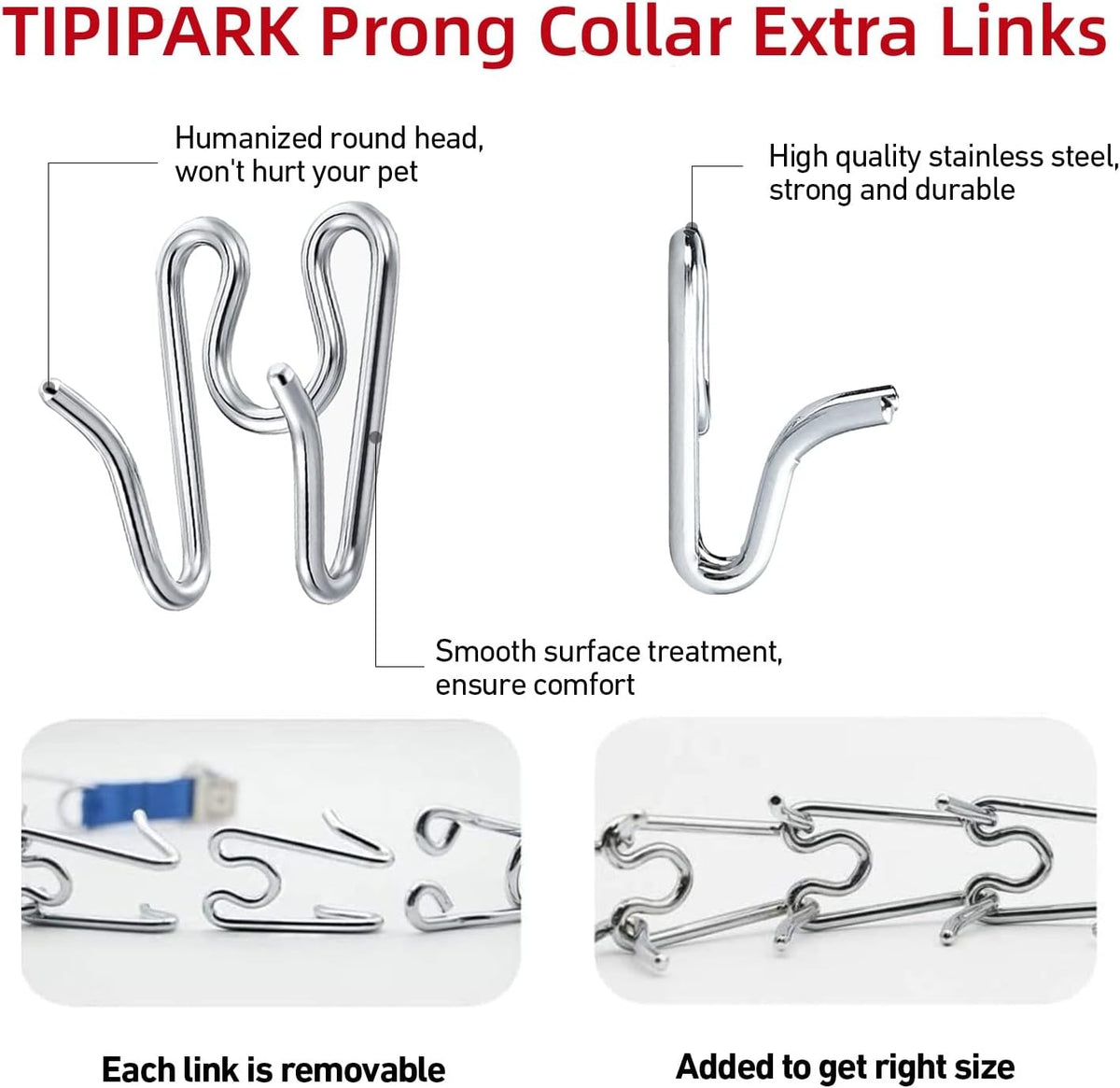 TIPIPARK durable rust-resistant metal extra links for pet training collars.
