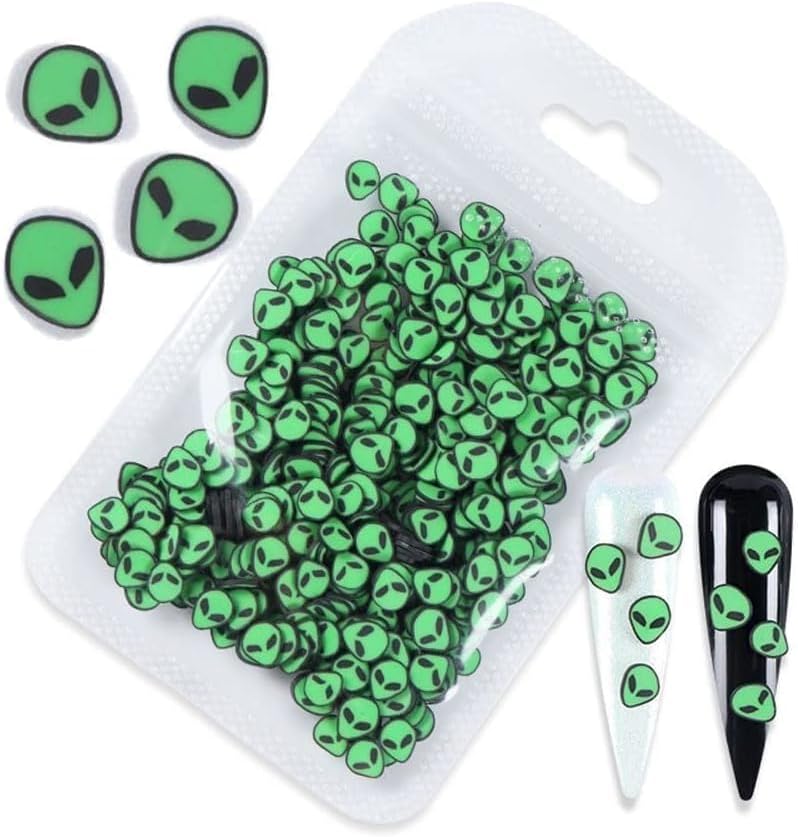 Jinshining 3D green alien polymer clay nail art slices front view