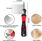 QUMY pet grooming rake with black and red paw print handle