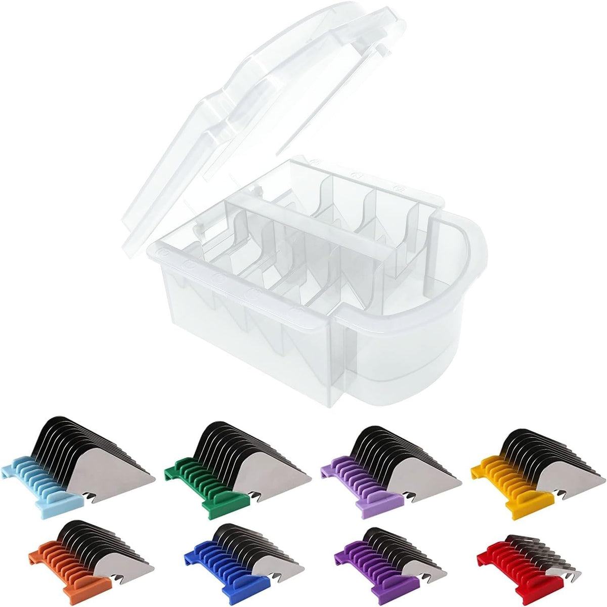 Ruzros stainless steel dog grooming attachment guards front view showcasing color coded metal combs.