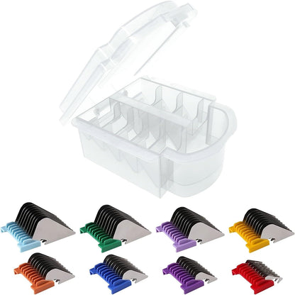 Ruzros stainless steel dog grooming attachment guards front view showcasing color coded metal combs.
