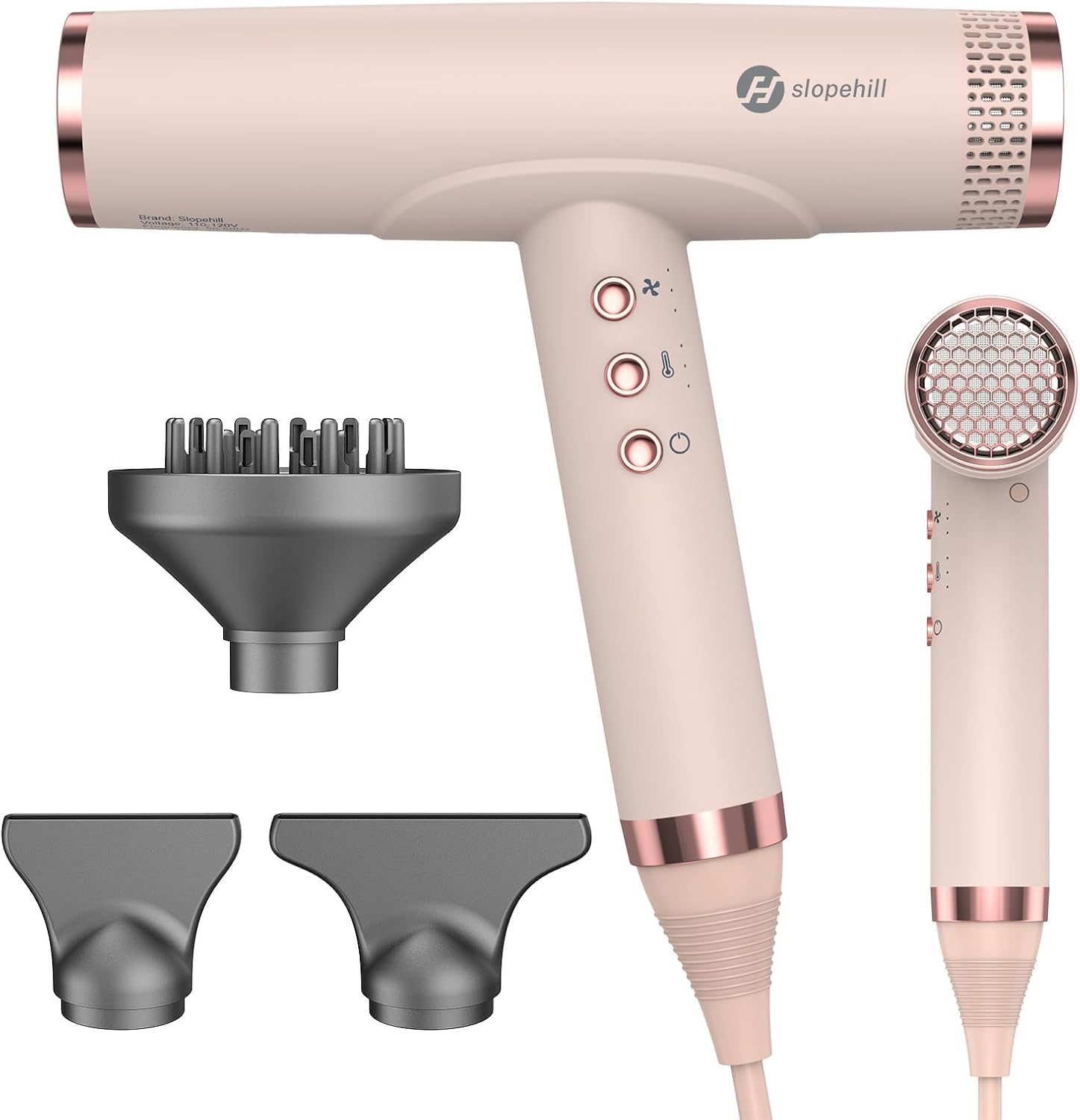 Slopehill Professional Ionic Hair Dryer ceramic pink front view showcasing the modern dusty rose design and rose gold accent ring.
