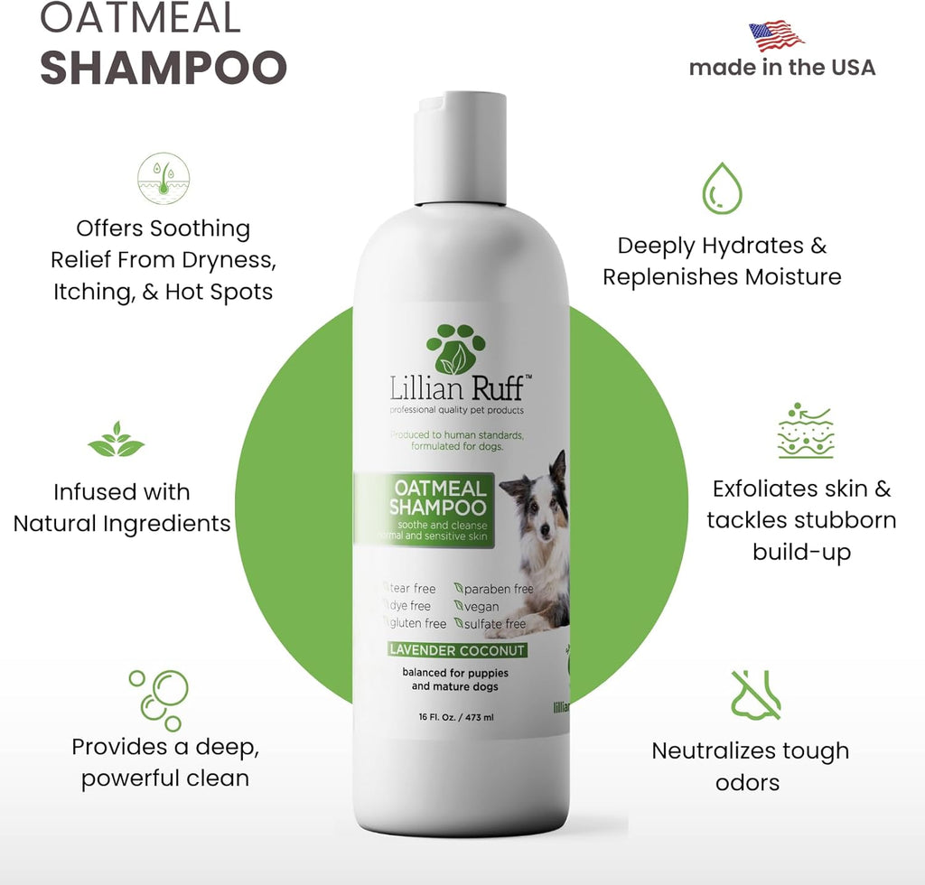 Lillian Ruff oatmeal dog shampoo bottle with ingredient highlights