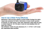 Quiet indoor water fountain pump dimensions and size comparison.