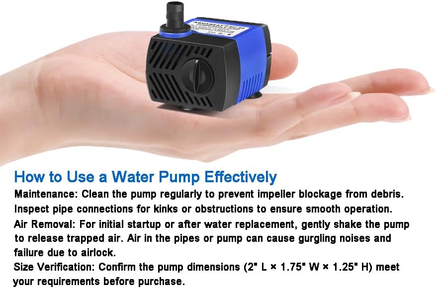Quiet indoor water fountain pump dimensions and size comparison.