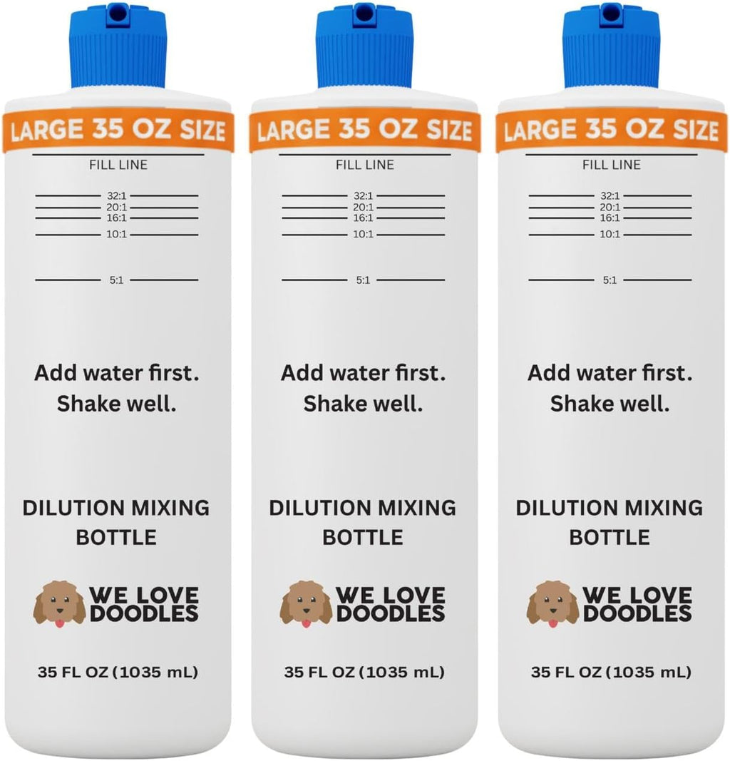 We Love Doodles dog shampoo dilution bottle front view showing printed measurement ratios