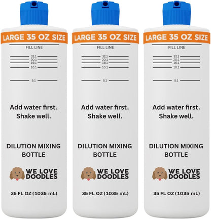We Love Doodles dog shampoo dilution bottle front view showing printed measurement ratios