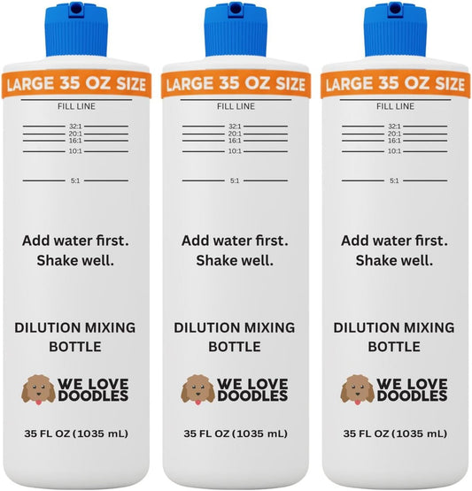 We Love Doodles dog shampoo dilution bottle front view showing printed measurement ratios