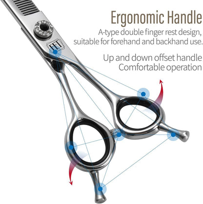 Premium imported dog grooming shears showing curved blade profile