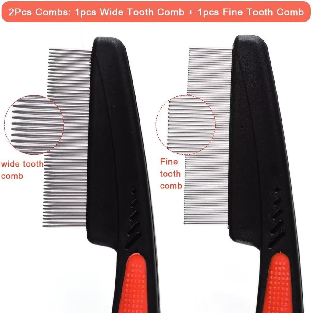 2 Pieces Fine Tooth and Wide Tooth Dog Grooming Comb - Rubber Handle Hair Comb for Small Dogs & Cats with Flea and Tick Removal (2PCS, Black Red) - Image 4