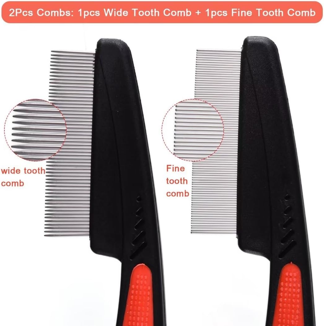 2 Pieces Fine Tooth and Wide Tooth Dog Grooming Comb - Rubber Handle Hair Comb for Small Dogs & Cats with Flea and Tick Removal (2PCS, Black Red) - Image 4