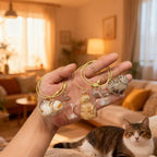 Mini cat shaped fur storage keyring lying flat on a neutral background surface