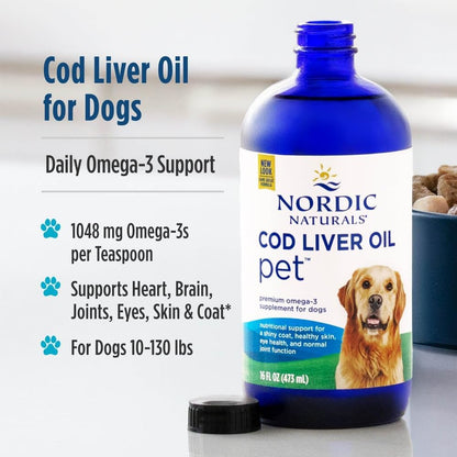 USA imported Nordic Naturals pet cod liver oil sixteen fluid ounces packaging