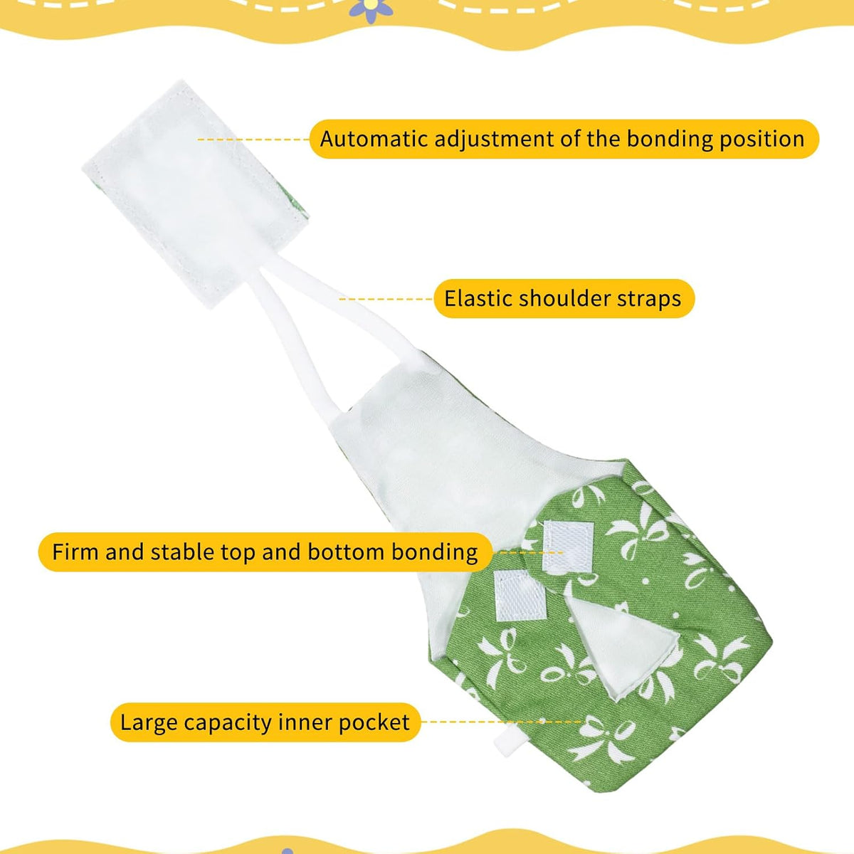 Adjustable straps and secure fasteners on the washable bird diaper.