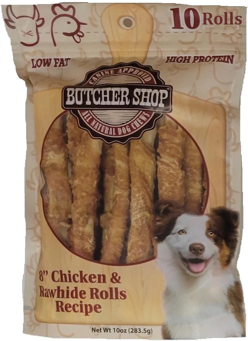 Eight inch high protein natural dog treats close up packaging