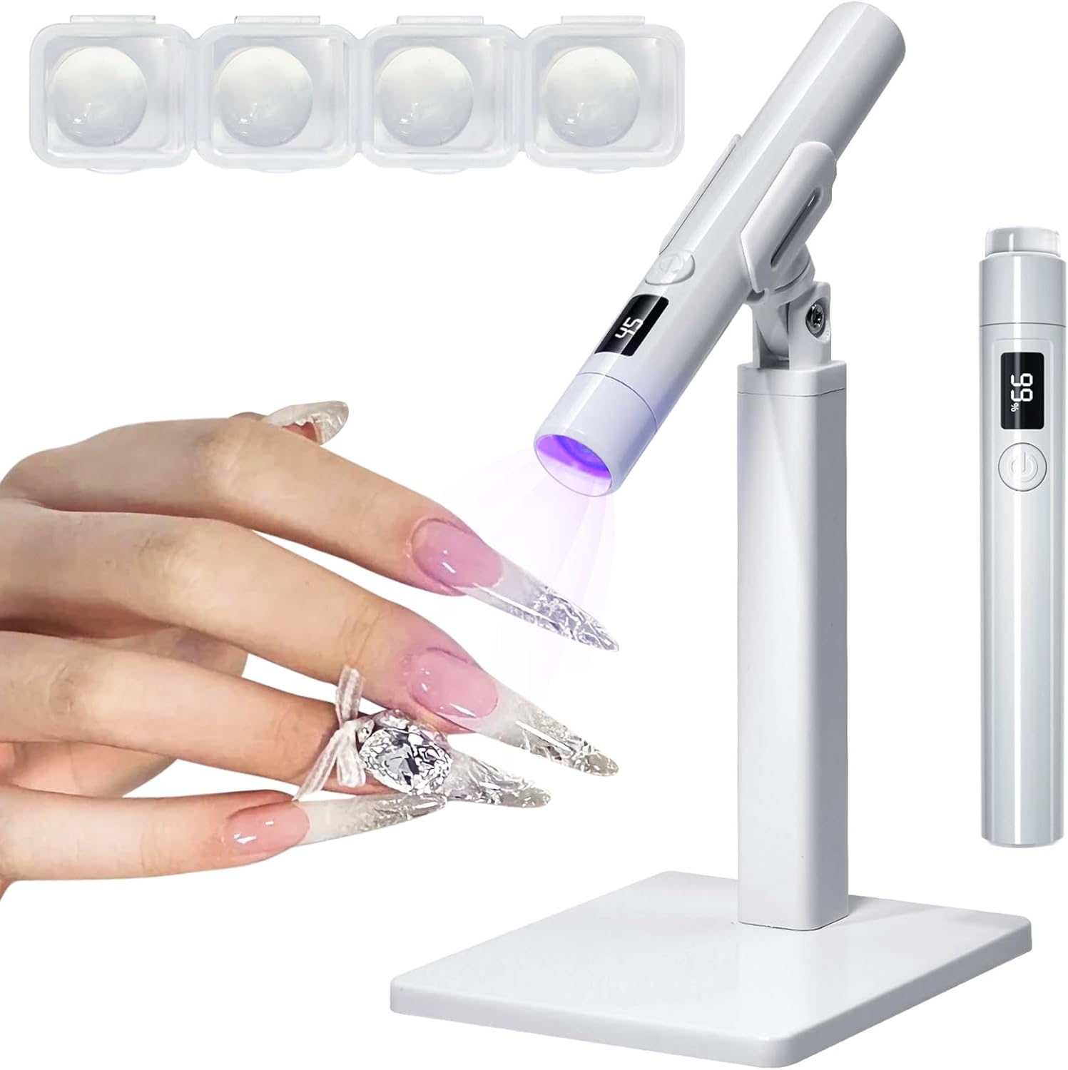 MUCOOS Mini UV Light for Gel Nails front view on its white magnetic stand