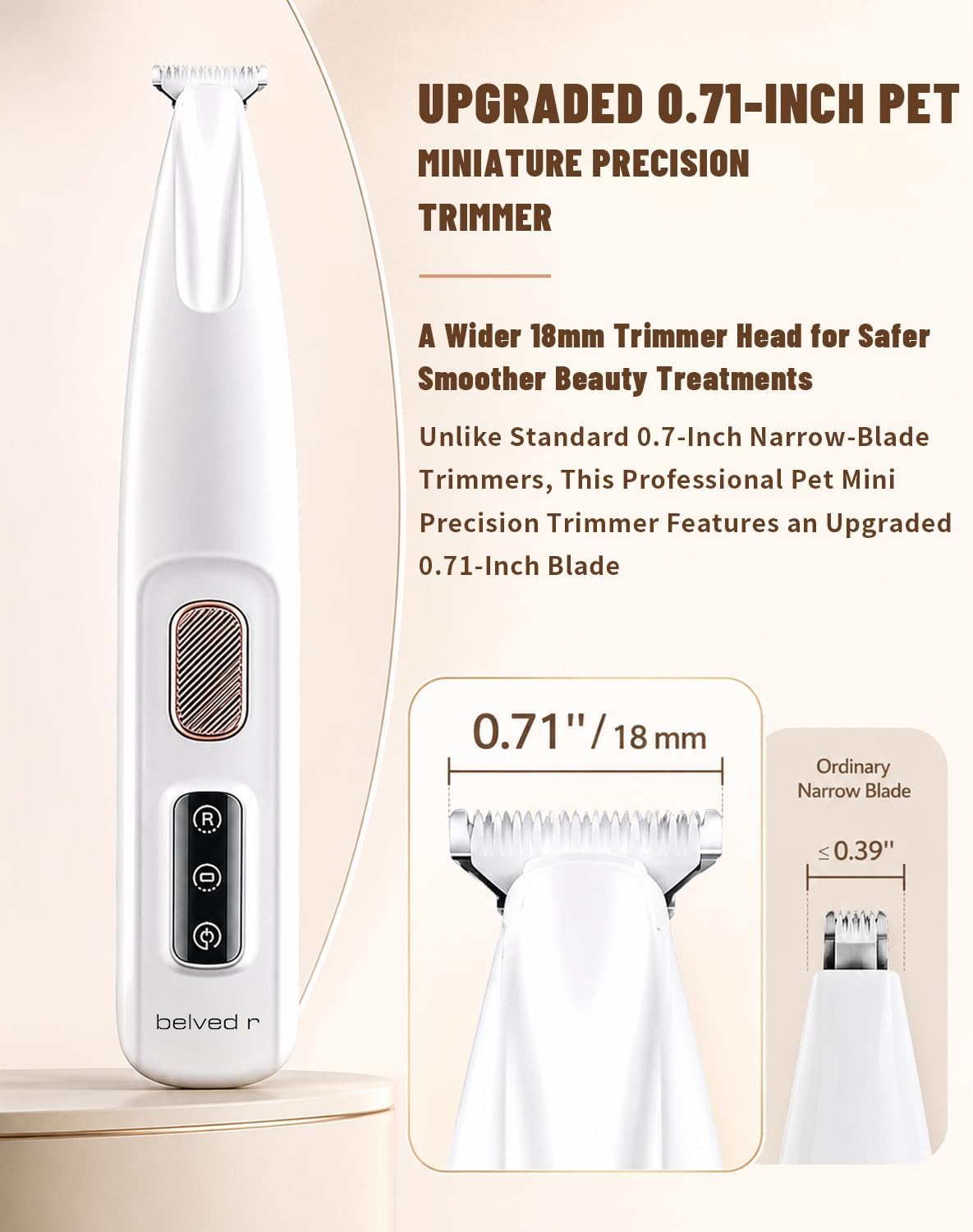 Belvedir pet hair trimmer with the integrated LED light turned on to show precision visibility in tight spaces.
