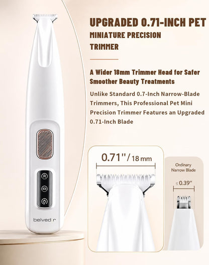 Belvedir pet hair trimmer with the integrated LED light turned on to show precision visibility in tight spaces.
